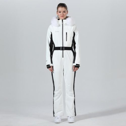 High Experience Women's Winter Fur Hood Chic One Piece White Ski Jumpsuit