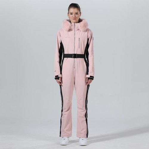 High Experience Women's Winter Fur Hood Chic One Piece Pink Ski Jumpsuit