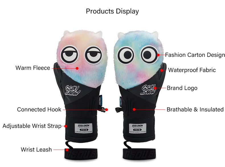 Men's Gsou Snow Mascot Furry Snowboard Gloves Winter Mittens